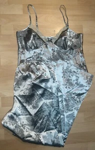 BHS Size 12 Silver Cami Pyjamas PJSet Satin Floral Womens Ladies Lux Velvet Trim - Picture 1 of 9