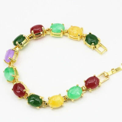 Brazalete Brazalete Multicolor Rojo Verde Amarillo Púrpura Jade Chapado en Oro Cierre de Eslabones Foto 1 de 4