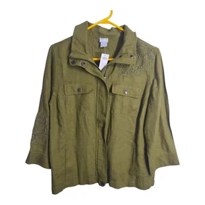 Chicos 100% Linen Embellished Zip Up Boho Lightweight Jacket M - Picture 1 of 9
