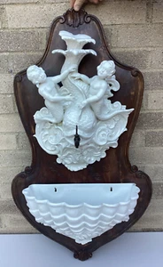 Antique White Ceramic Lavabo Dauphin Cherub Two Piece Wall Fountain - Picture 1 of 19