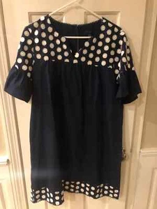 J. CREW Polka Dot Shift Dress Ruffle Sleeve Nautical Navy Blue Size 14 Lined - Picture 1 of 6