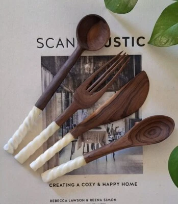 Handmade Wood Bone Handle Utensil Set Of 4 Rustic Folk Unique Natural - Image 1 of 4