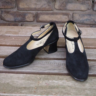 Joan & David VTG JOAN HELPERN SIGNATURE black suede T strap pumps US 6.5-7 EU 37 - Image 1 of 4