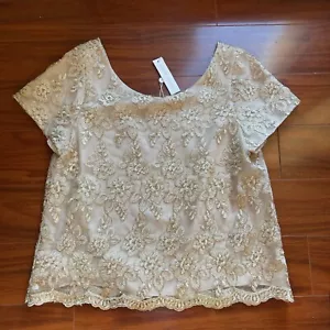 NWT PAPER CROWN WOMENS L IVORY LACE OVERLAY SHORT SLEEVE TOP BLOUSE L USA MADE - Picture 1 of 9