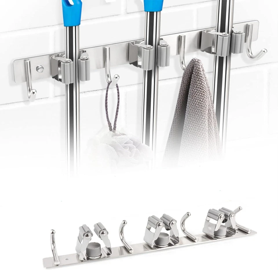Cepillo de fregona montado en la pared clips de escoba y soporte para percha estante de almacenamiento para cocina 3 Hk Foto 1 de 4