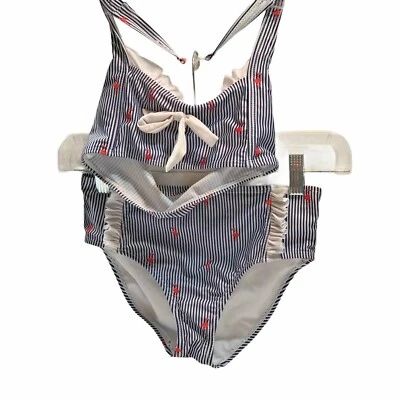 Joe Boxer Niñas Talla 7/8 Traje de Baño Azul Blanco Rayas Con Flamencos Halter Top  Foto 1 de 4