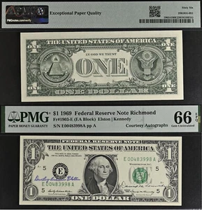 1969 $1 FRN - PMG 66EPQ - Dual Autographs Elston & Kennedy - Rare Collectors Gem - Picture 1 of 3