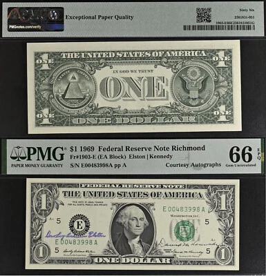 1969 $1 FRN - PMG 66EPQ - Dual Autographs Elston & Kennedy - Rare Collectors Gem - Image 1 of 3