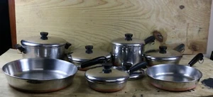 Revere Ware Lot of 13 4.5qt, 9", 8", 7", Fry Pan Saucepan Vtg Cooper Bottom USA - Picture 1 of 20