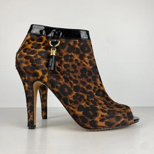 Vince Camuto Heels Womens 38 Kevia Faux Fur Leopard Print Brown Peep Toe NEW - Picture 1 of 11