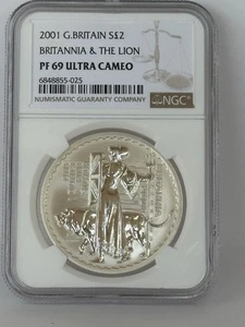 2001 Great Britain 2 Pound Silver Proof Coin NGC PF69 Ultra Cameo Britannia&Lion - Picture 1 of 2