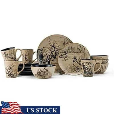 Juego de vajilla con estampado de animales de 16 piezas servicio cuatro platos de gres cuencos tazas  Foto 1 de 4