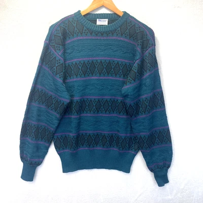 Suéter Meister De Colección Para Hombre Medio Verde azulado Negro Cuello Redondo Tejido Geométrico Años 80 90 Foto 1 de 4