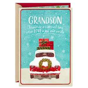 Loving CHRISTMAS Card FOR GRANDSON, Holiday Car Presents Wreath by Hallmark + ✉ - Picture 1 of 10