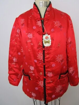 L Peonía Nuevo con Etiquetas Chaqueta China Reversible Abrigo Ranas Rojo Negro Satinado Jacquard Brocado Foto 1 de 4