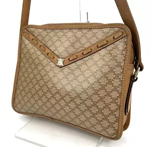 CELINE Crossbody Bag Macadam PVC Leather Shoulder Beige Purse Authentic - Picture 1 of 24