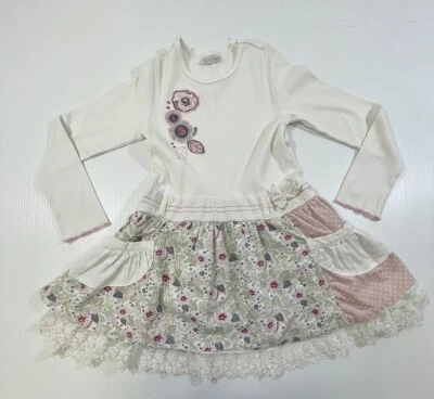 Naartjie Girls Cotton Blend White Lace Floral Print Pockets Long Sleeve Dress 8 - Image 1 of 4