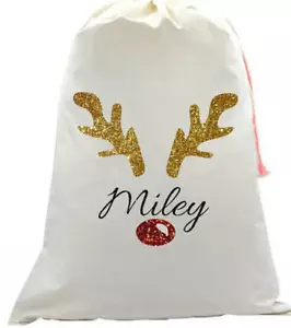 Personalised kids your name Christmas glitter Rudolph Reindeer Santa sack sparkl - Picture 1 of 2