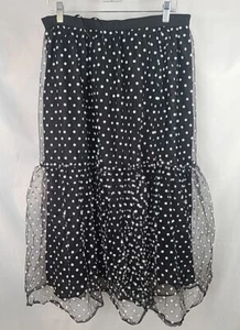 WBQ Women's Black w/ White Polka Dot 3D Posy Double-Layered Mesh Midi Skirt XXL - Picture 1 of 14