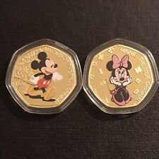 Disney Classic Mickey Mouse And Pink Minnie Mouse Gold Plated 50p Shaped Coins