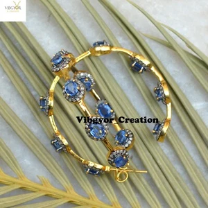 Pave Diamond Hoop Earrings 925 Sterling Silver Gold Plated Sapphire Jewellery - Picture 1 of 3
