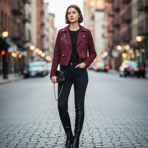 H&M Womens size 12 Burgundy Motorcycle Jacket Suede Softshell Moto Casual  - Picture 1 of 3