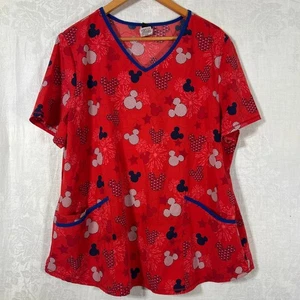 Disney Scrub Top XL Red White Blue Mickey Mouse Heads Patriotic 4th of July Star - Picture 1 of 9