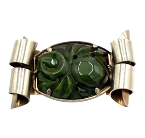 Vintage tief geschnitzte Spinat grüne Bakelit Brosche/Anstecknadel silberfarben Art Deco - Bild 1 von 6