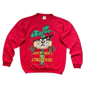 Vintage 90s Looney Tunes Taz Christmas Crewneck Sweater - XL - Picture 1 of 4