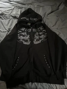 Vintage Y2K Avirex Zip Up Hoodie XL Skater Emo Grunge Jesse Pinkman Baggy Skull - Picture 1 of 6