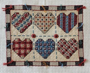 Cross Stitch Completed Unframed Hearts 9" x 7" Homespun Farmhouse Country - Picture 1 of 5