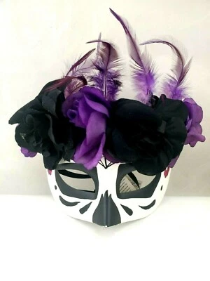 Día de Muertos Day of the Dead half mask feathers and black and purple flowers. - Image 1 of 2