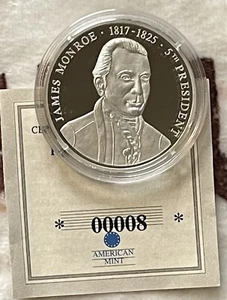2008 JAMES Monroe USA PRESIDENT Coin SILVER Proof .999 40mm + Timeline - Picture 1 of 4