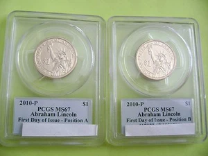 2010-P ABRAHAM LINCOLN PCGS MS67 FDI POSITION A&B BUSINESS DOLLAR 2-COIN SET - Picture 1 of 10