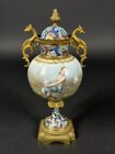 1890s French Sevres Style Porcelain Urn Champleve Enameled Mounts Dragon Handles
