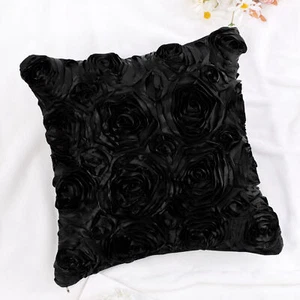 Decorative 3D Satin Floral Rose Flower Throw Pillow Cushion Cover Black - Picture 1 of 12