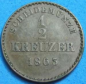 Germany Wurttemberg 1/2 Kreuzer Coin 1863, Nice Better Grade, Combined Shipping - Picture 1 of 2