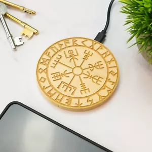 Viking Compass Engraved Wireless Phone Charger Wooden Cell Phone Charger Gift - Picture 1 of 4
