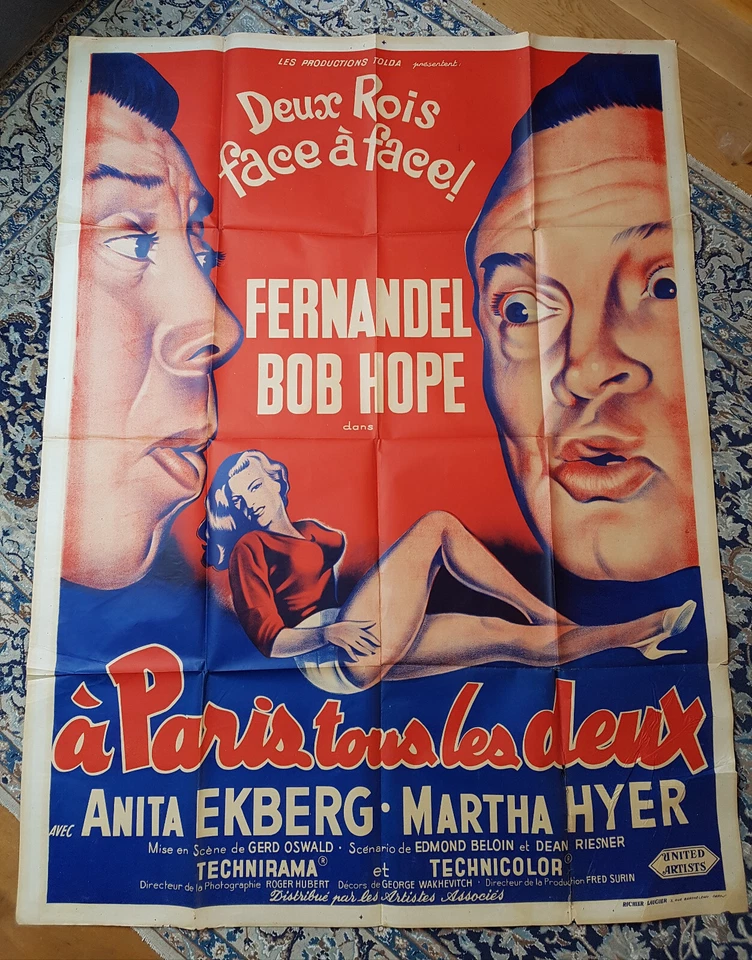 Affiche LITHO 1958 A PARIS TOUS LES DEUX 120x160 FERNANDEL Bob HOPE [RARE] 2 - Photo 1/1