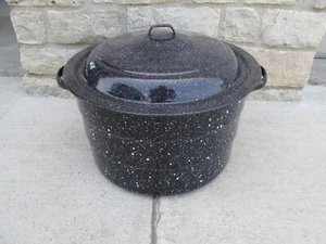VTG Large Stock Pot Canner Steamer Blue Granite Enamel Ware Metal Rack - Picture 1 of 6