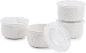 10 oz Set of 4 Oven-Safe Porcelain Ramekins with Lids, Large White  - Picture 1 of 9