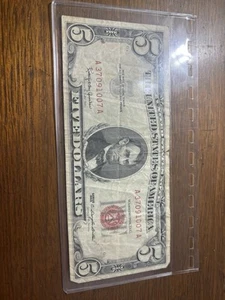 1963 RED SEAL 5 DOLLAR BILL ( CIRCULATED /Ungraded) Serial #: 37091007 - Picture 1 of 7