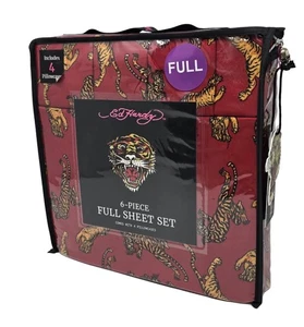 Ed Hardy FULL Sheet Set 6-Piece Bold Dark Red with Tigers Print NEW With Tags - Picture 1 of 4
