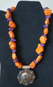 Western Handmade 1 Of Kind Polished Dyed Orange Stone Necklace Cowgirl Free Ship - Picture 1 of 12