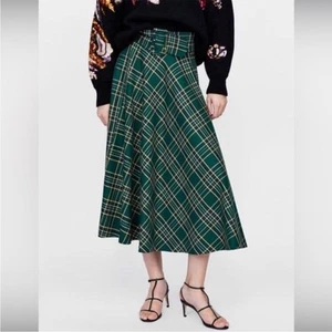 NWT Zara Woman Green Plaid Skirt size Large - Picture 1 of 13