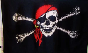 BANDERA PIRATA JOLLY ROGER - SOMBRERO ROJO CALAVERA Y HUESOS - NUEVO - Imagen 1 de 3