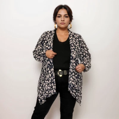 WOMENS JACKET LADIES NAVY WHITE FLORAL CHIFFON WATERFALL OPEN FRONT COVER UP - Image 1 of 3