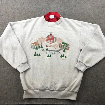 Vintage Christmas Sweatshirt Mens Medium Gray Village Winter Fleece USA * - Image 1 of 4