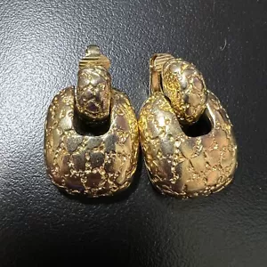 Vintage Door Hanger Clip On Earrings Textured Gold Tone - Picture 1 of 8
