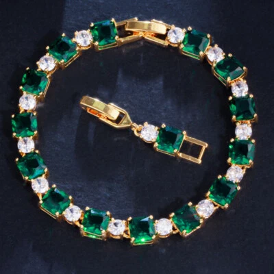 Xmas Jewelry Square Green Citrine White Topaz Gems Charm Women Gold Bracelet - Image 1 of 4